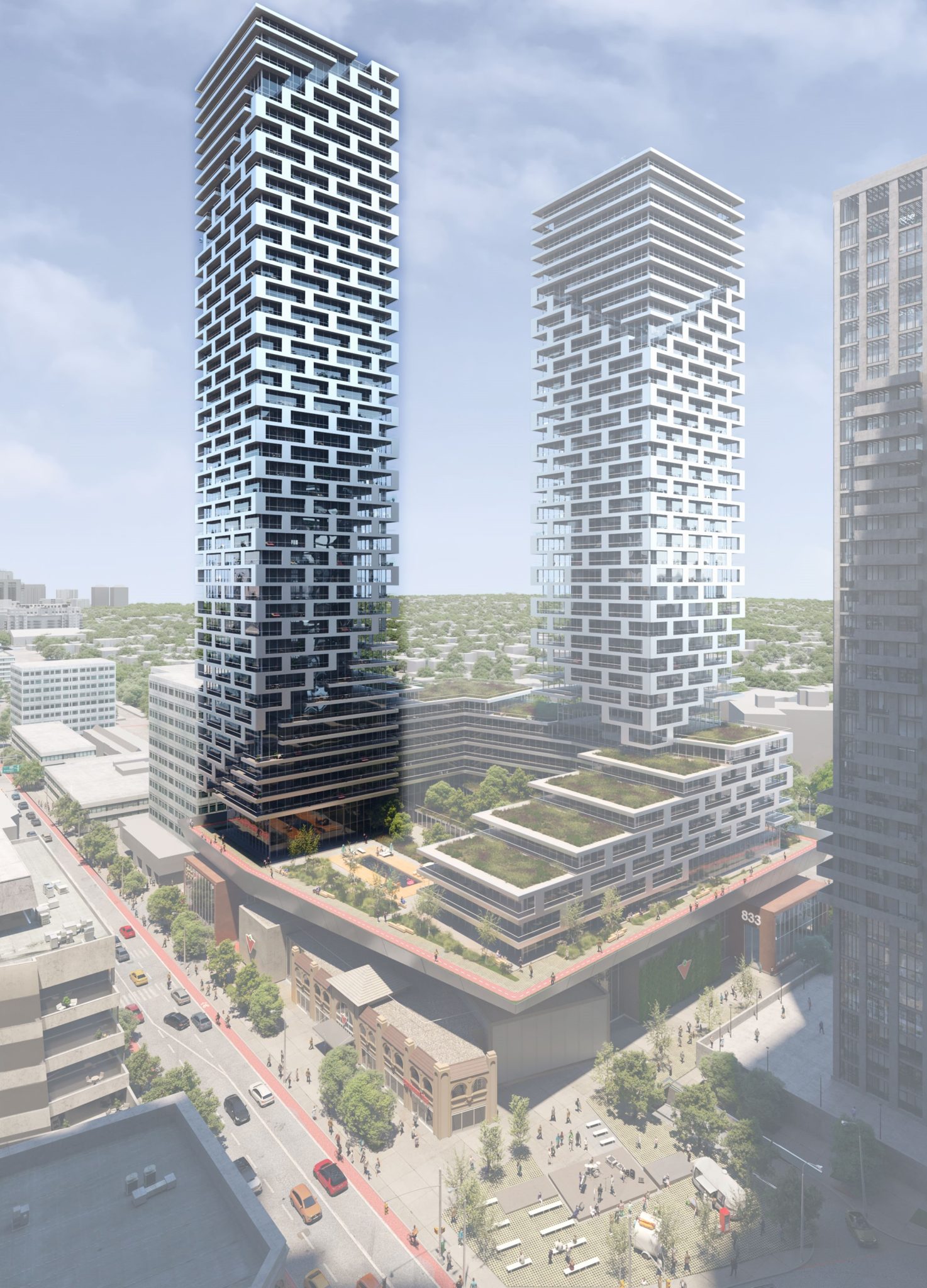 Aerial North facing 3D rendering, with the taller North tower highlighted.