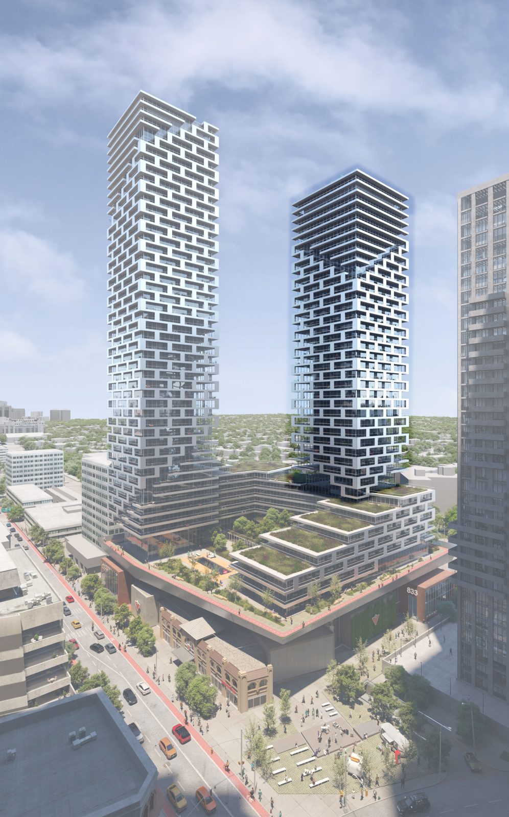 Aerial North facing 3D rendering, with the shorter South tower highlighted.